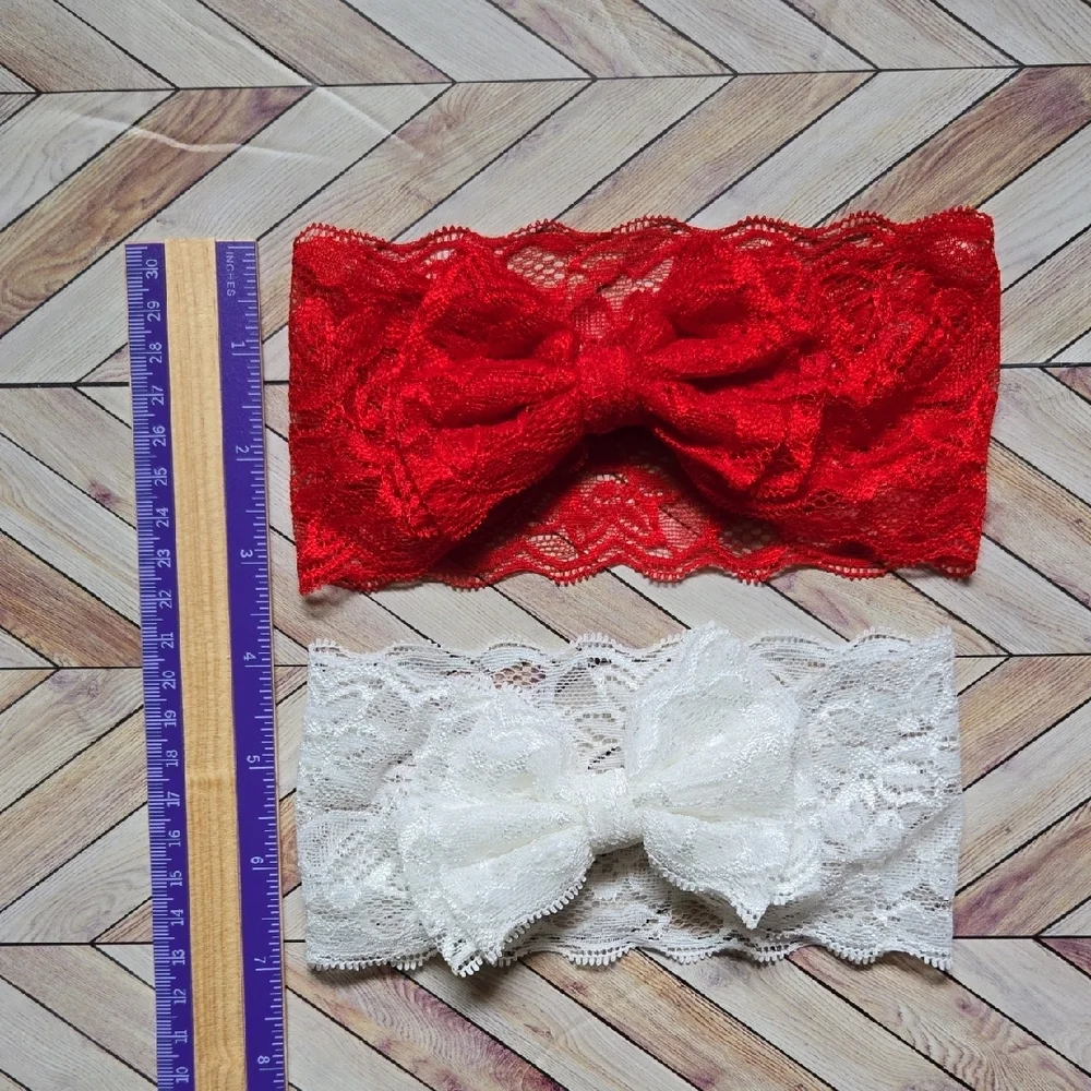 Kids Lace Bowknot Red White Headbands Elastic Bow Headwrap Girls Hairband